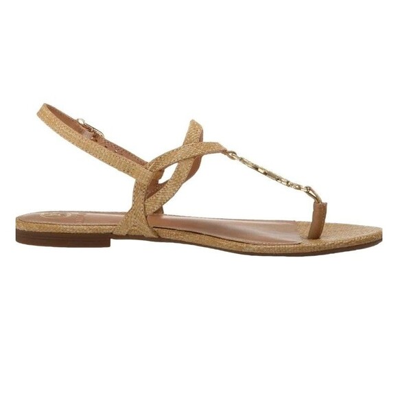 Sam & Libby Womens 7 M Thong Logo Sandals Adjustable T Strap Flats Tan Gold - Picture 3 of 7